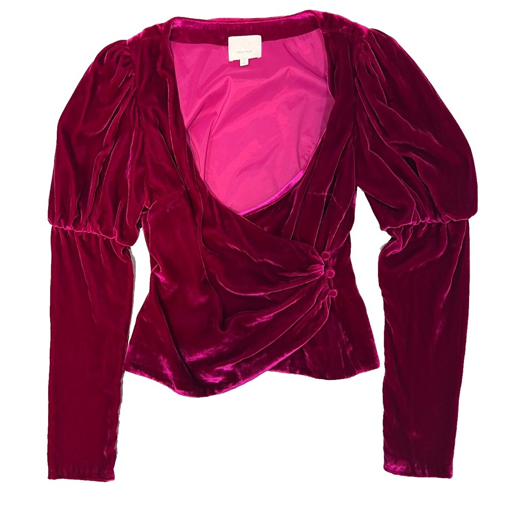 Cinq‎ A Sept Theo Fuchsia Silk Blend Velvet Top Puff Sleeves Size XS